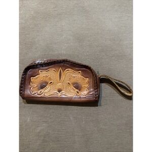 Chestnut Tooled Leather Wristlet Top grain Cowhide Floral Butterfly Flowers Zip